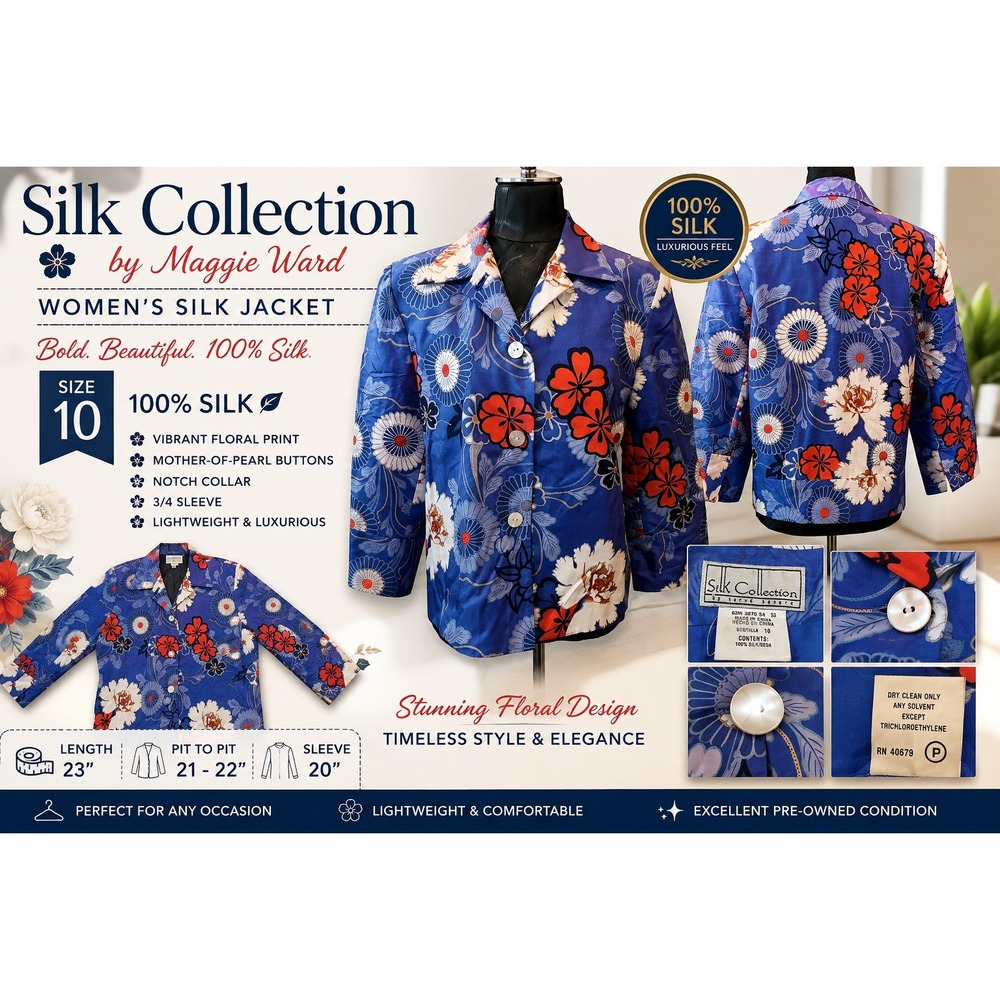 Maggie Ward Harve Benard Silk Floral Blazer Jacket Blue Red Size 10 3/4 Sleeve